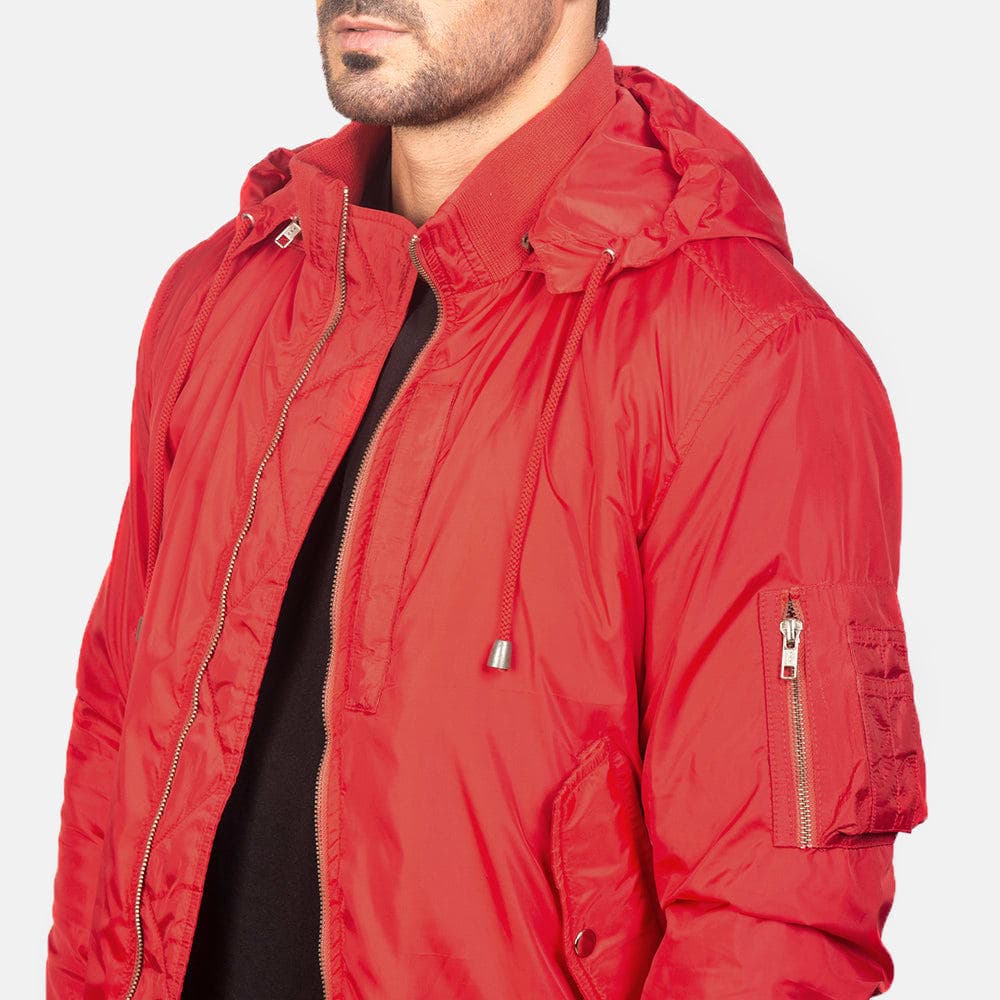 Hanklin Ma-1 Men's Red Hooded Bomber Jacket Removable Hood sizes that fit all