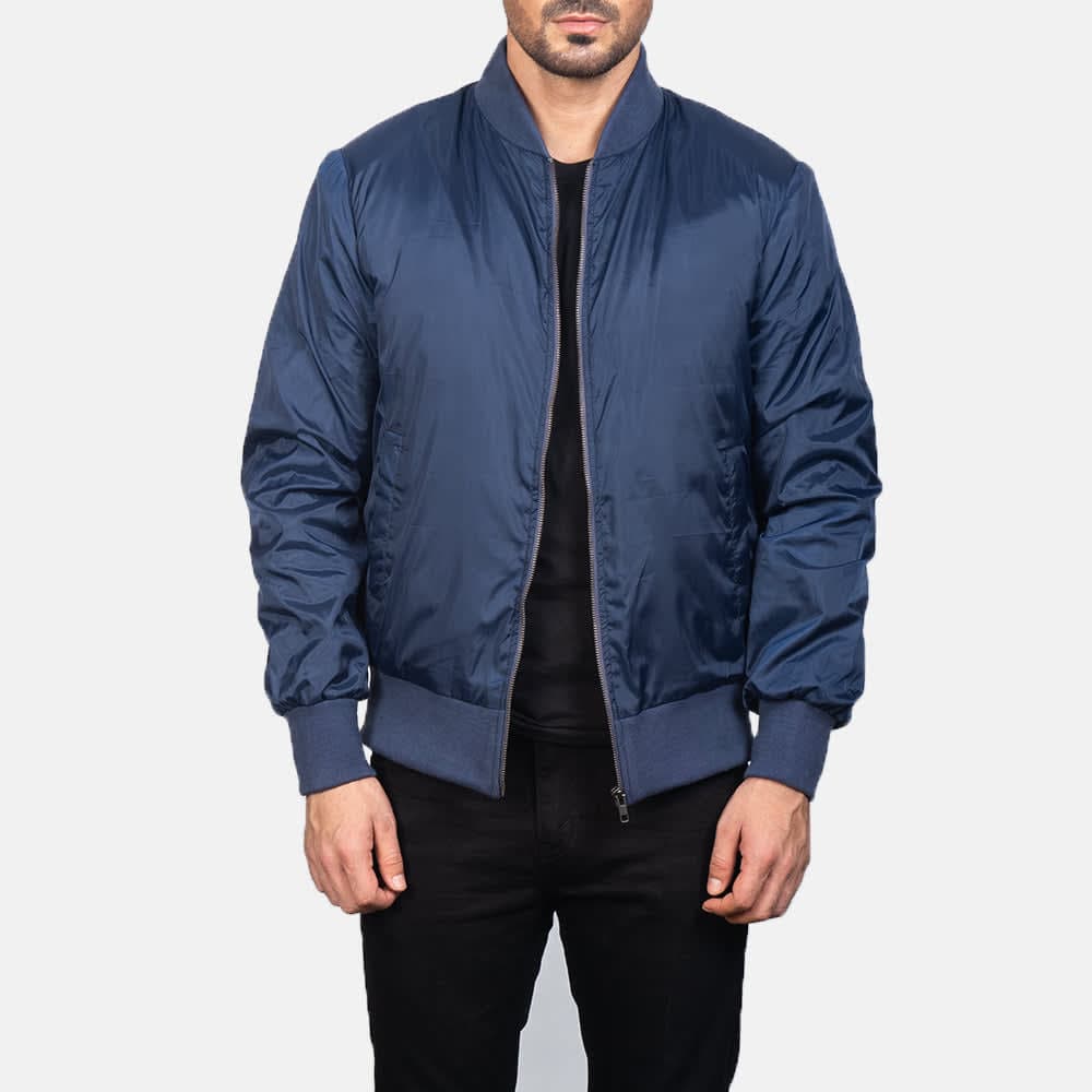 Zack Men's Blue Varsity Collar Polyester Bomber Jacket sizes that fit all