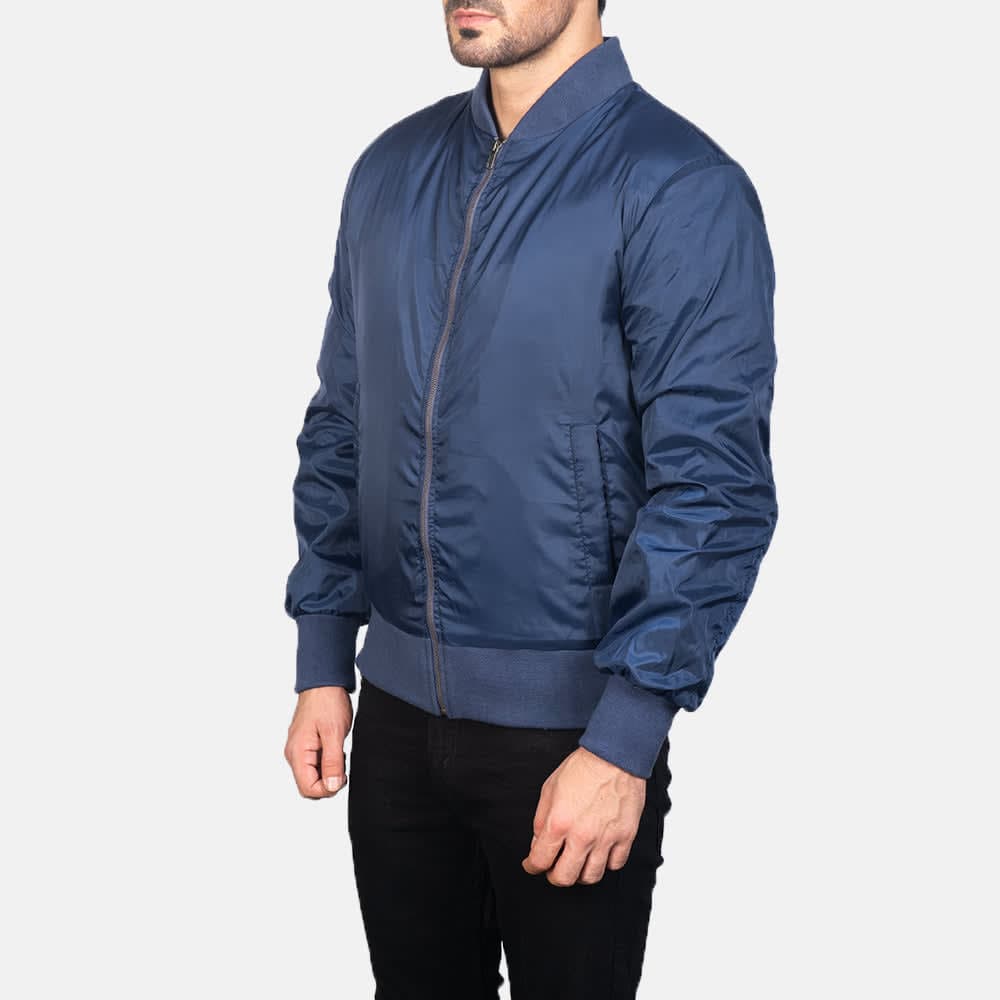 Zack Men's Blue Varsity Collar Polyester Bomber Jacket finest raw materials