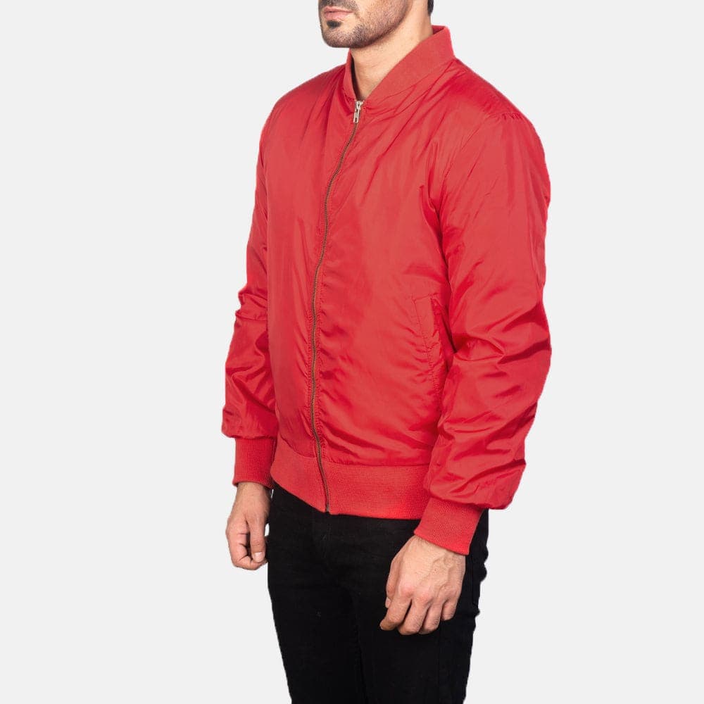 Zack Men's Red Varsity Collar Polyester Bomber Jacket finest raw materials