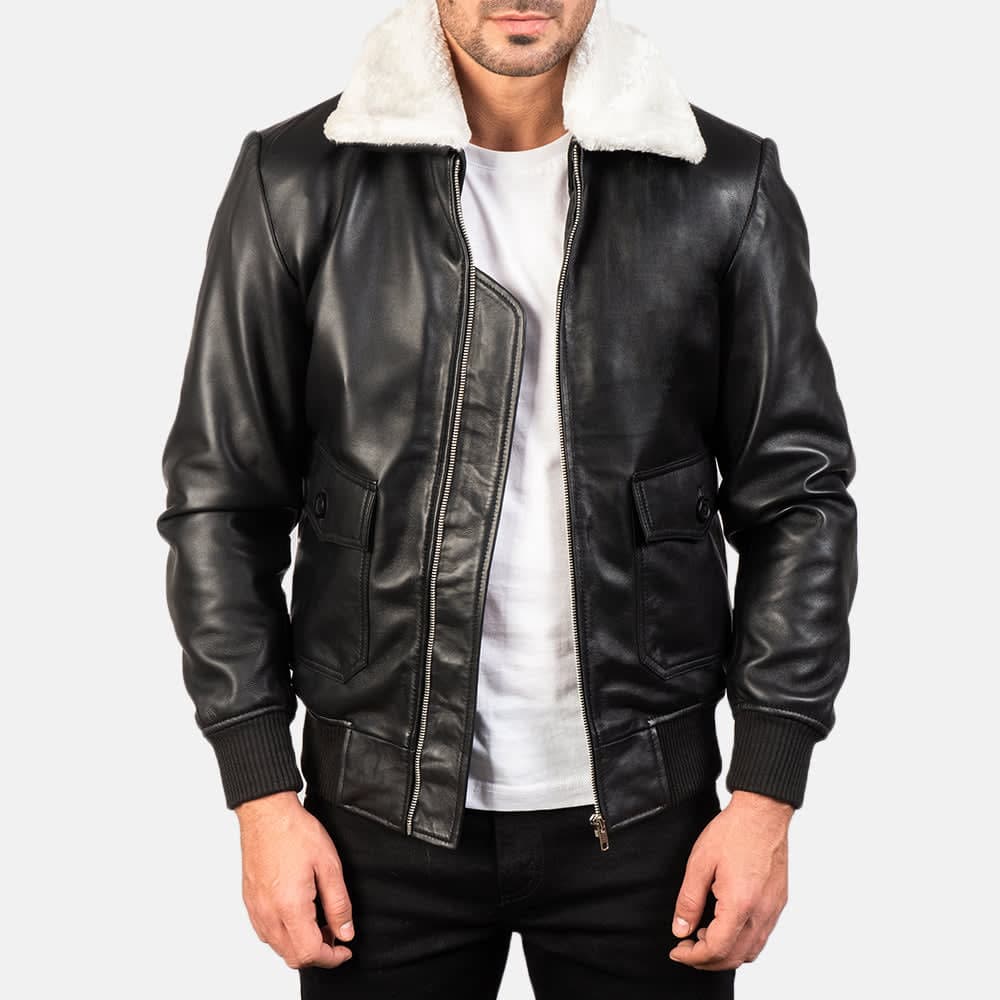Airin G-1 Men's Black With White Fur Sheepskin Leather Bomber Jacket sizes that fit all