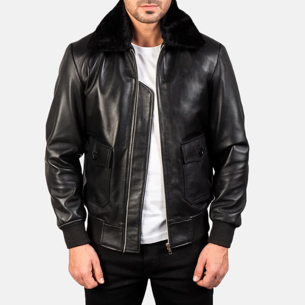 Airin G-1 Men's Black With Black Fur Sheepskin Leather Bomber Jacket sizes that fit all