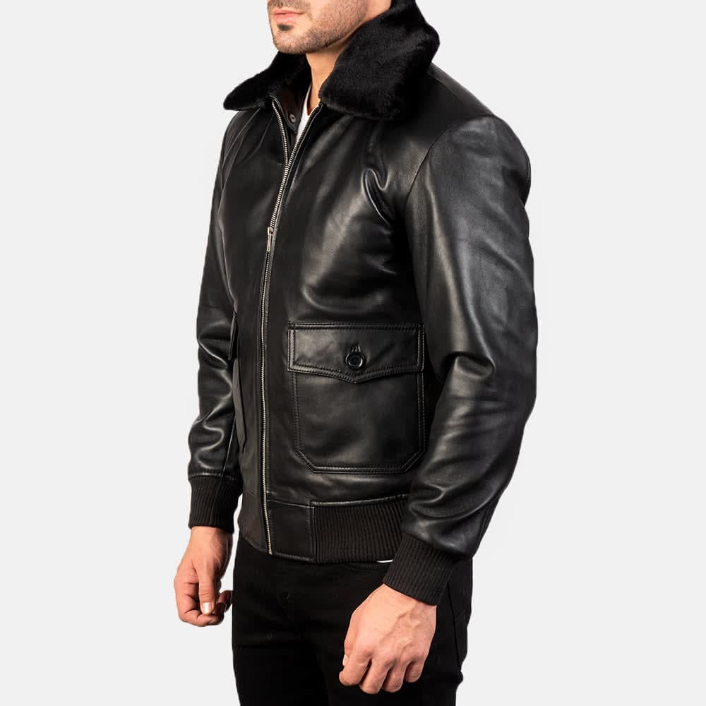 Airin G-1 Men's Black With Black Fur Sheepskin Leather Bomber Jacket finest raw materials