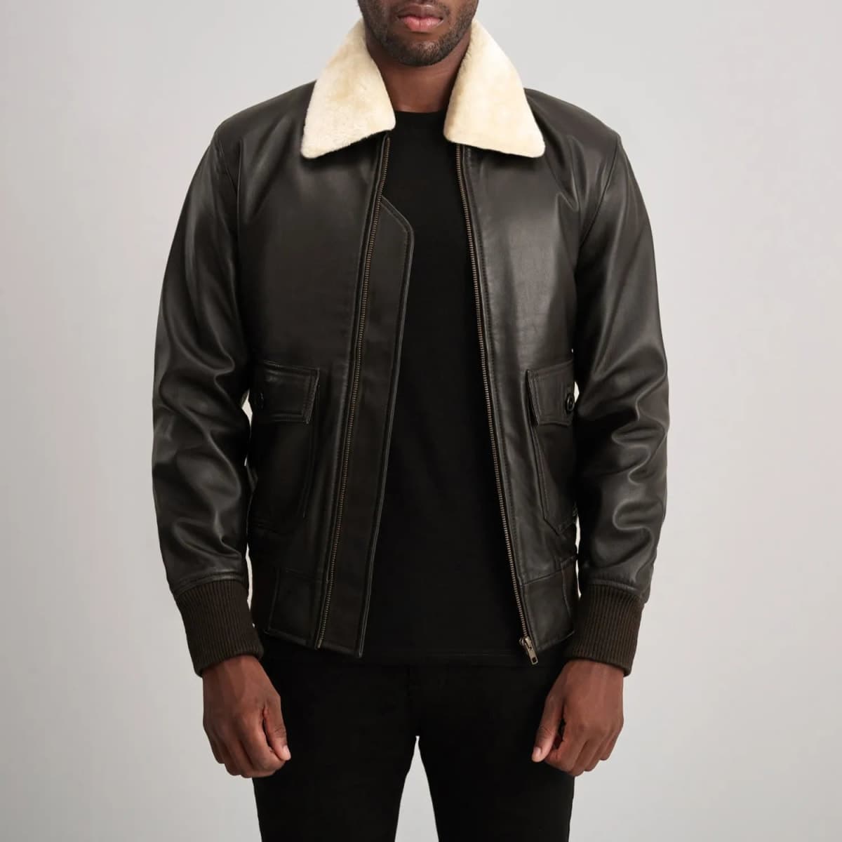 Airin G-1 Men's Black With Off White Fur Sheepskin Leather Bomber Jacket sizes that fit all