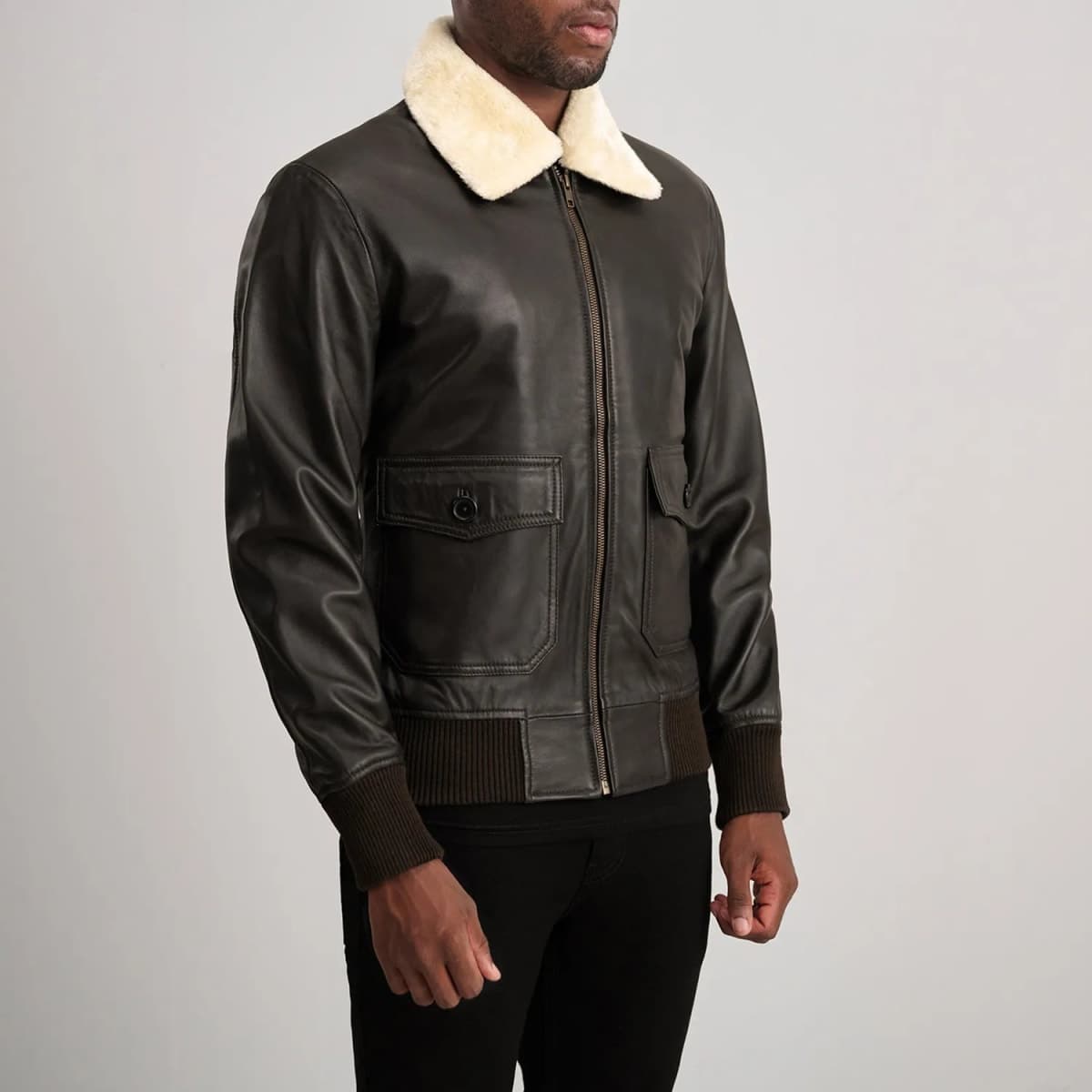 Airin G-1 Men's Black With Off White Fur Sheepskin Leather Bomber Jacket finest raw materials