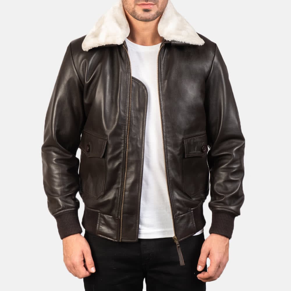 Airin G-1 Men's Brown With White Fur Sheepskin Leather Bomber Jacket sizes that fit all