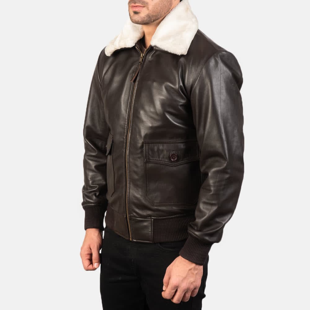 Airin G-1 Men's Brown With White Fur Sheepskin Leather Bomber Jacket finest raw materials