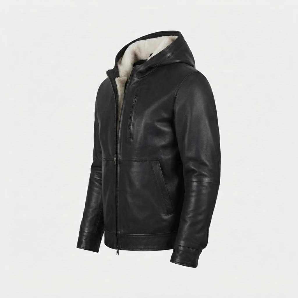 Baston Men's Black Hooded Sheepskin Leather Bomber Jacket finest raw materials