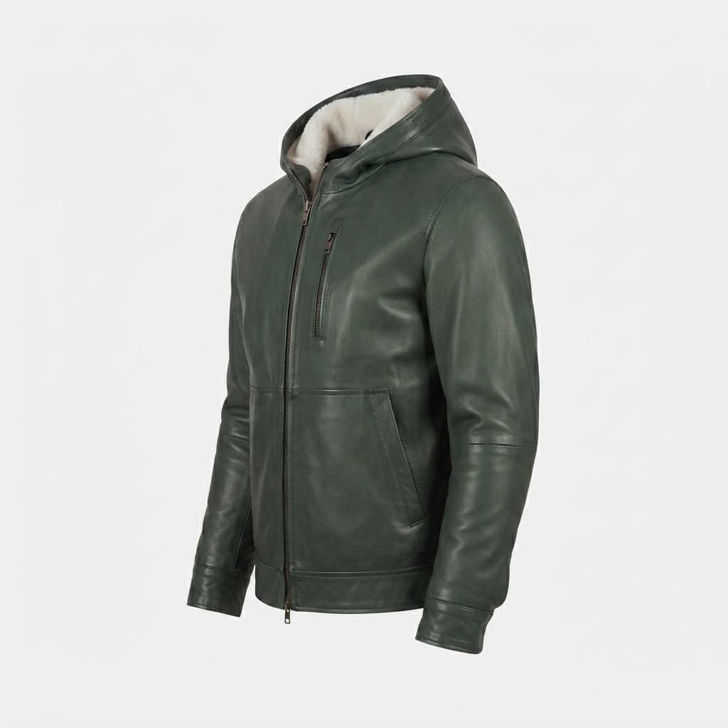 Baston Men's Green Hooded Sheepskin Leather Bomber Jacket finest raw materials