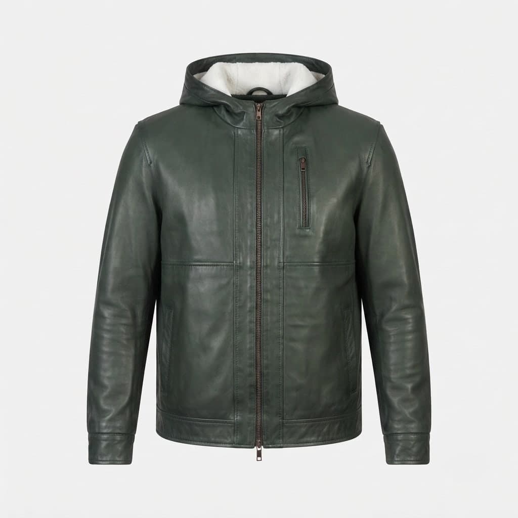 Baston Men's Green Hooded Sheepskin Leather Bomber Jacket sizes that fit all