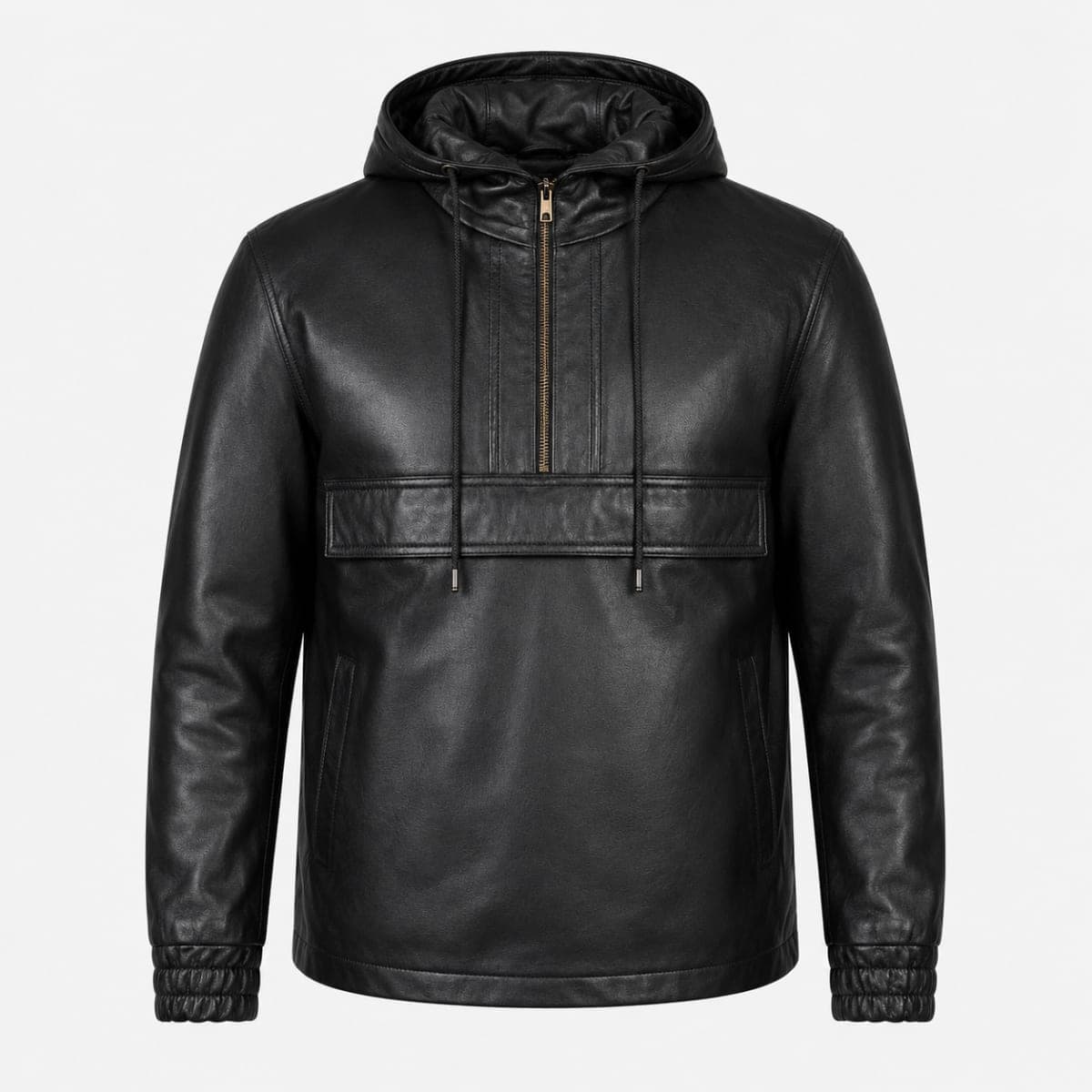 Kenton Men's Black Hooded Sheepskin Leather Pullover Jacket sizes that fit all
