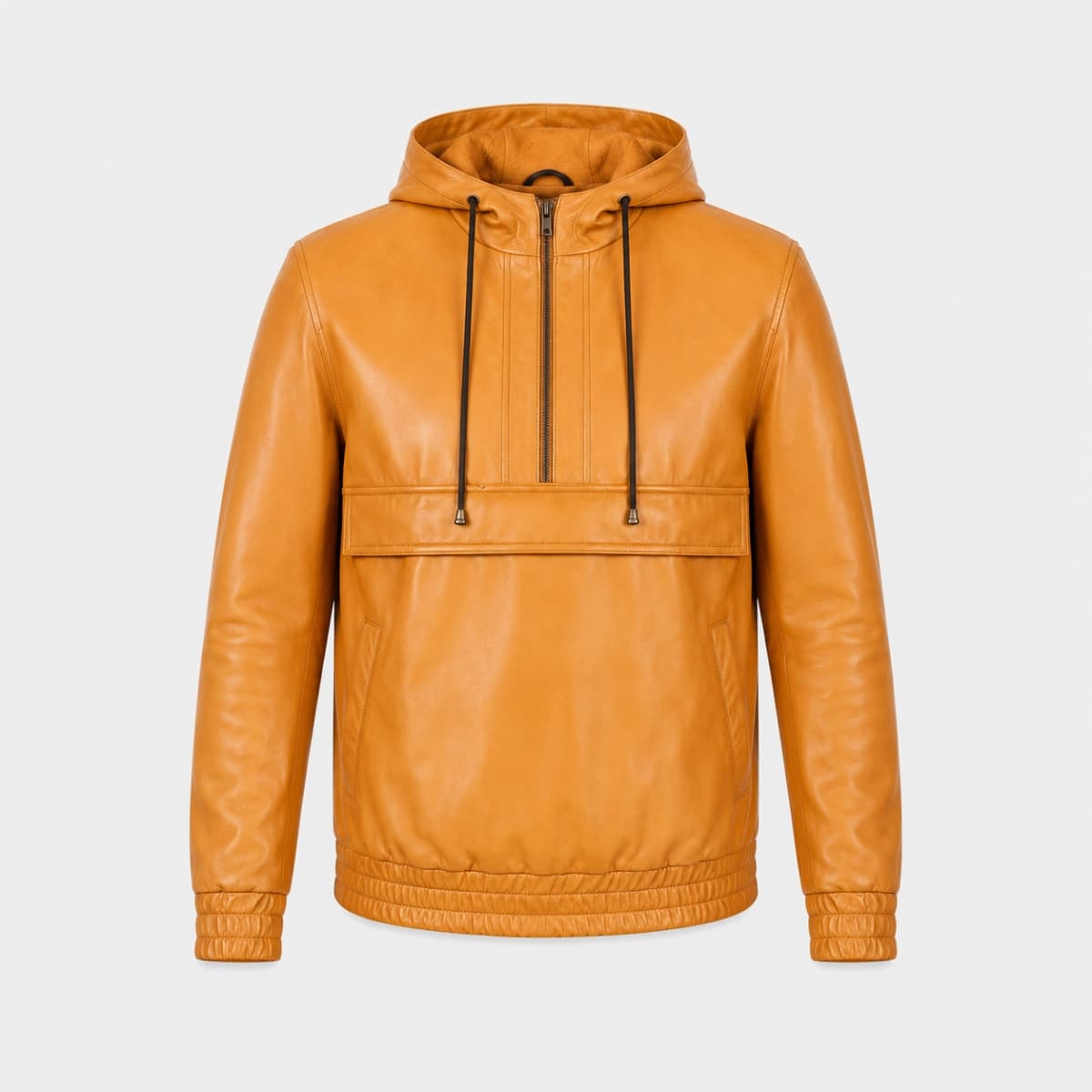 Kenton Men's Tan Brown Hooded Sheepskin Leather Pullover Jacket sizes that fit all