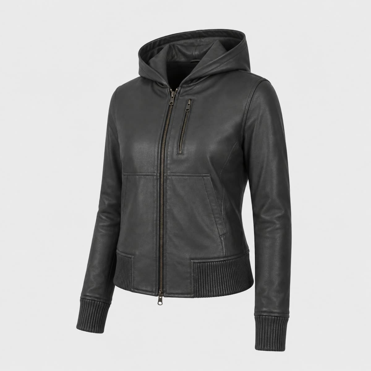 Luna Black Hooded Genuine Sheepskin Leather Bomber Jacket finest raw materials