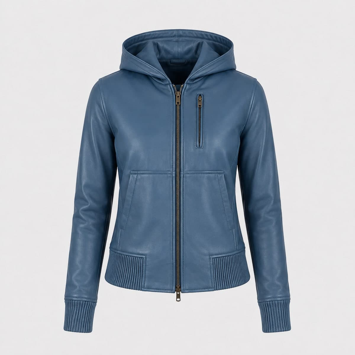 Luna Blue Hooded Sheepskin Leather Bomber Jacket sizes that fit all