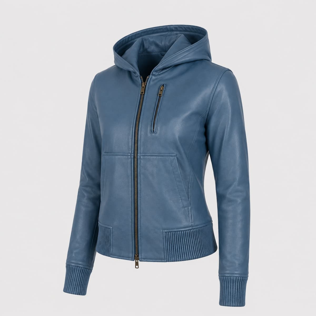 Luna Blue Hooded Sheepskin Leather Bomber Jacket finest raw materials
