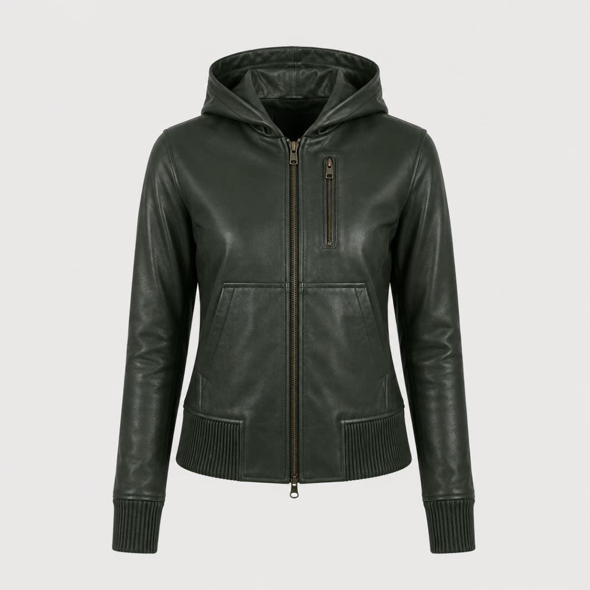 Luna Green Hooded Sheepskin Leather Bomber Jacket sizes that fit all