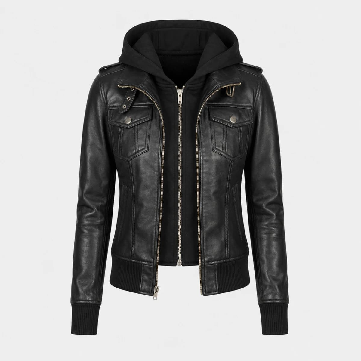 Roslyn Black Hooded Sheepskin Leather Bomber Jacket sizes that fit all