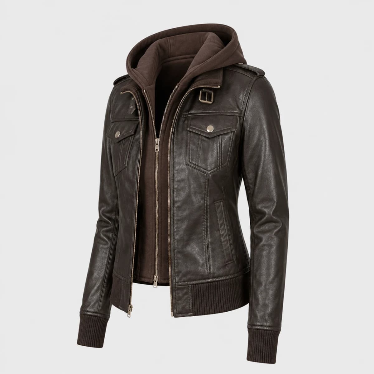 Roslyn Brown Hooded Sheepskin Leather Bomber Jacket finest raw materials