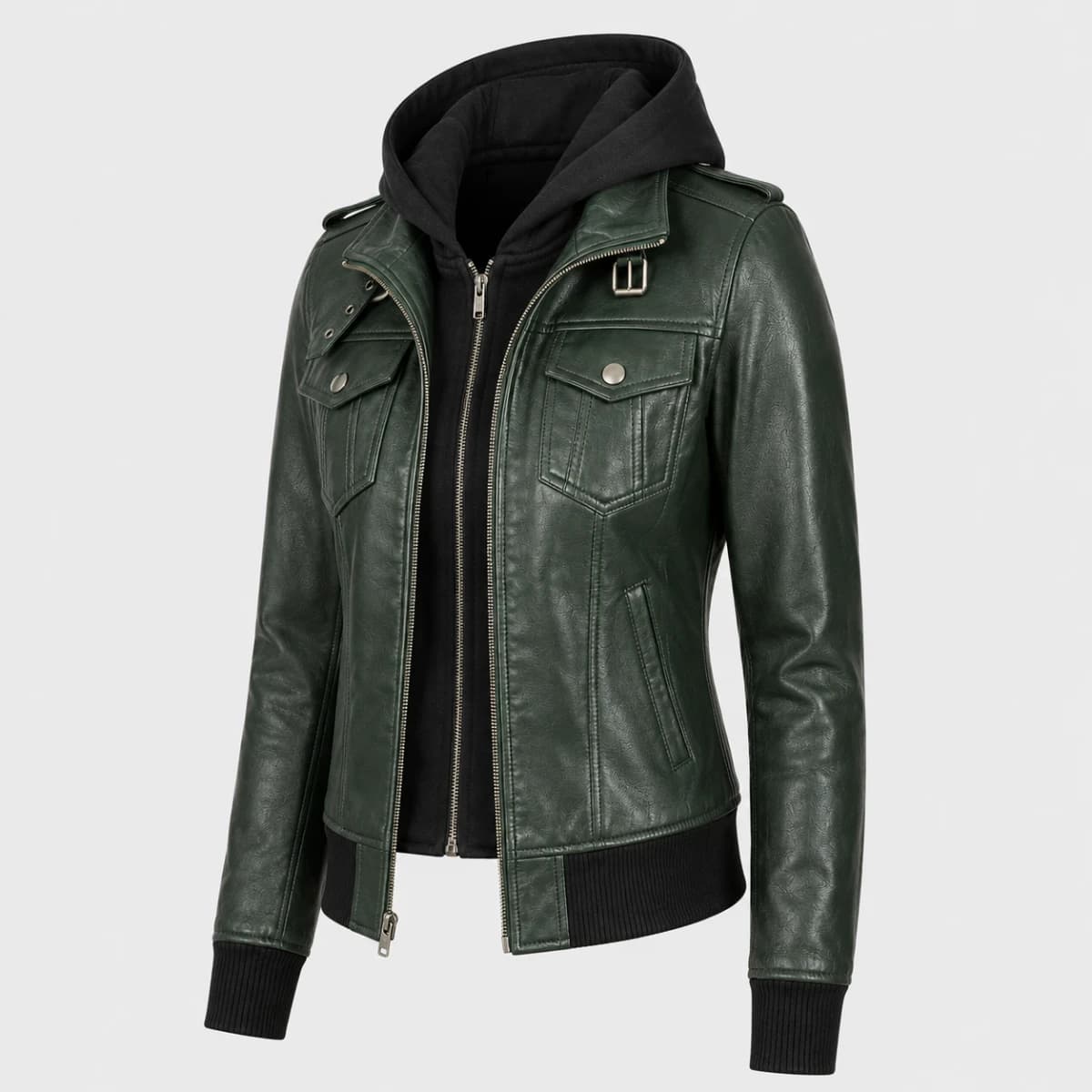 Roslyn Green Hooded Sheepskin Leather Bomber Jacket finest raw materials