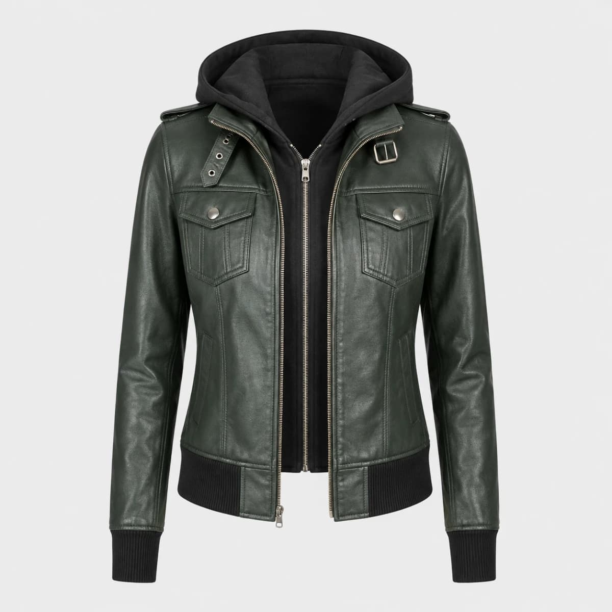 Roslyn Green Hooded Sheepskin Leather Bomber Jacket sizes that fit all
