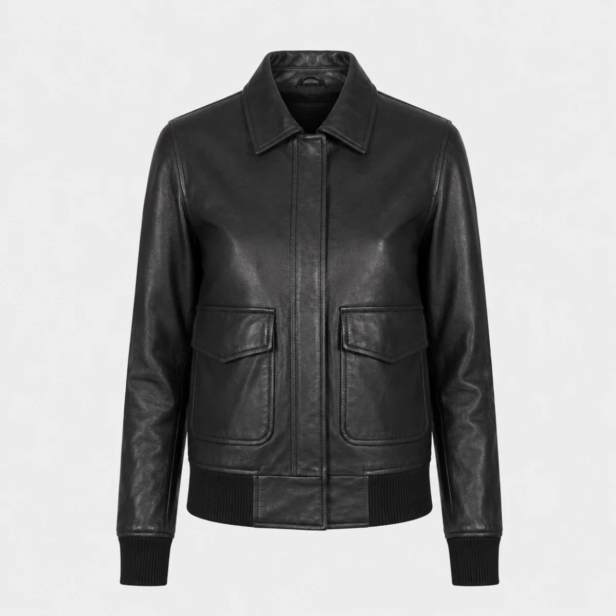 women's leather bomber jacket,black sheepskin leather jacket,A-2 bomber jacket women's,women's black leather jacket with pockets,semi-aniline leather jacket,shirt collar leather bomber,women's premium leather outerwear,Outermark black bomber jacket,